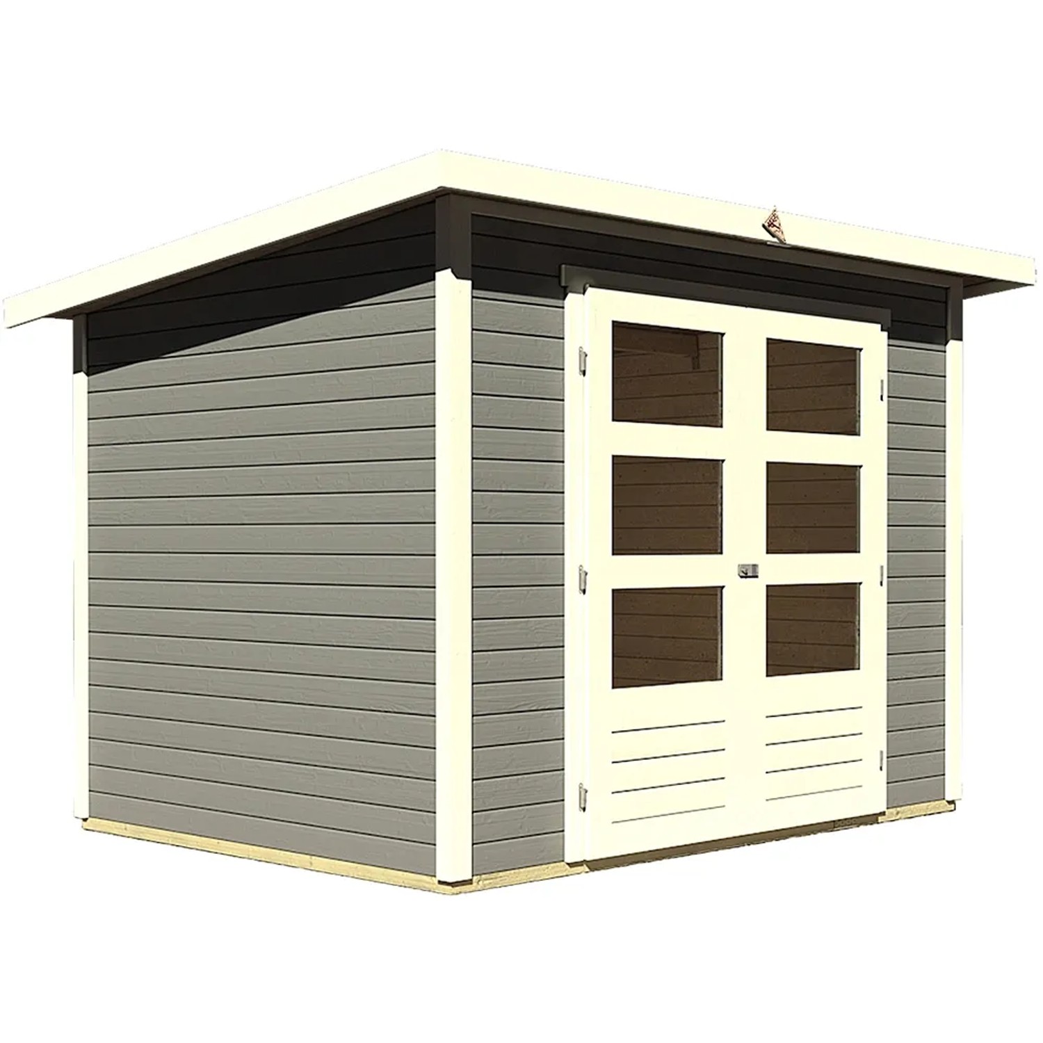 Karibu Holz-Gartenhaus Sitten 3, terragrau, mit Doppeltür und Fenstern.