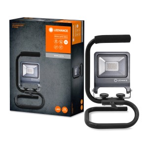 Ledvance LED-Baustrahler Worklight S-Stand 20W, kaltweiß, mit Tragebügel und Produktverpackung.