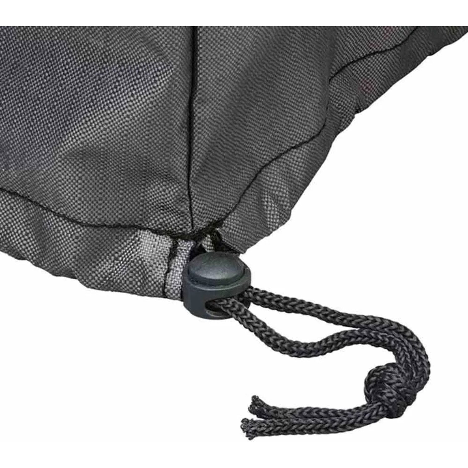 Detailaufnahme: Anthrazitfarbene Aerocover Schutzhülle für Gartenschaukel mit Kordelzug.