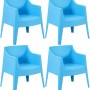 Vier blaue DELUKE Gartenstühle aus Kunststoff, stapelbar, mit Armlehnen. Ideal als Loungestuhl für Outdoor.
