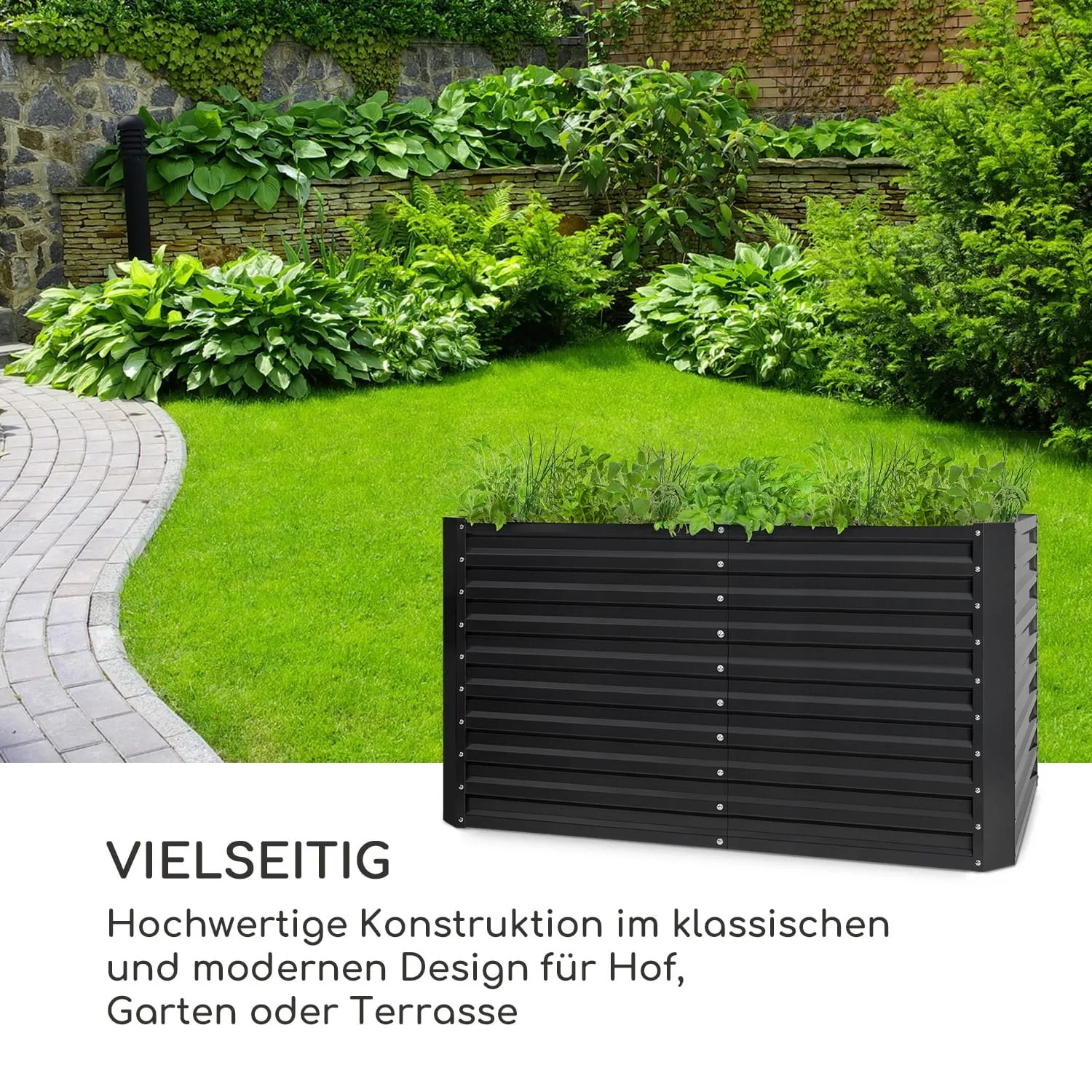 Anthrazitfarbenes Blumfeldt High Grow Straight Hochbeet (200x90x100 cm) aus Stahl im Garten.
