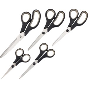 5-teiliges Scherenset mit schwarzen Griffen und Klingen aus rostfreiem Edelstahl.