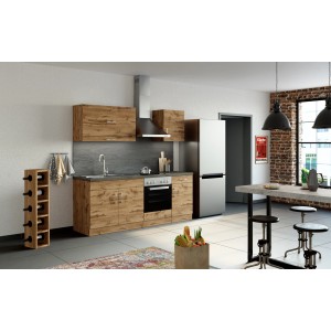 Moderne Küchenzeile Sorrento 210 cm in Wotaneiche mit Edelstahl-Dunstabzugshaube und Elektrogeräten.