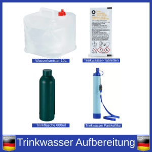 JUNG BLACKOUTPro Trinkwasseraufbereitungs-Set mit faltbarem 10L Kanister, Tabletten, Partikelfilter und 600ml Trinkflasche für Notfall & Camping.
