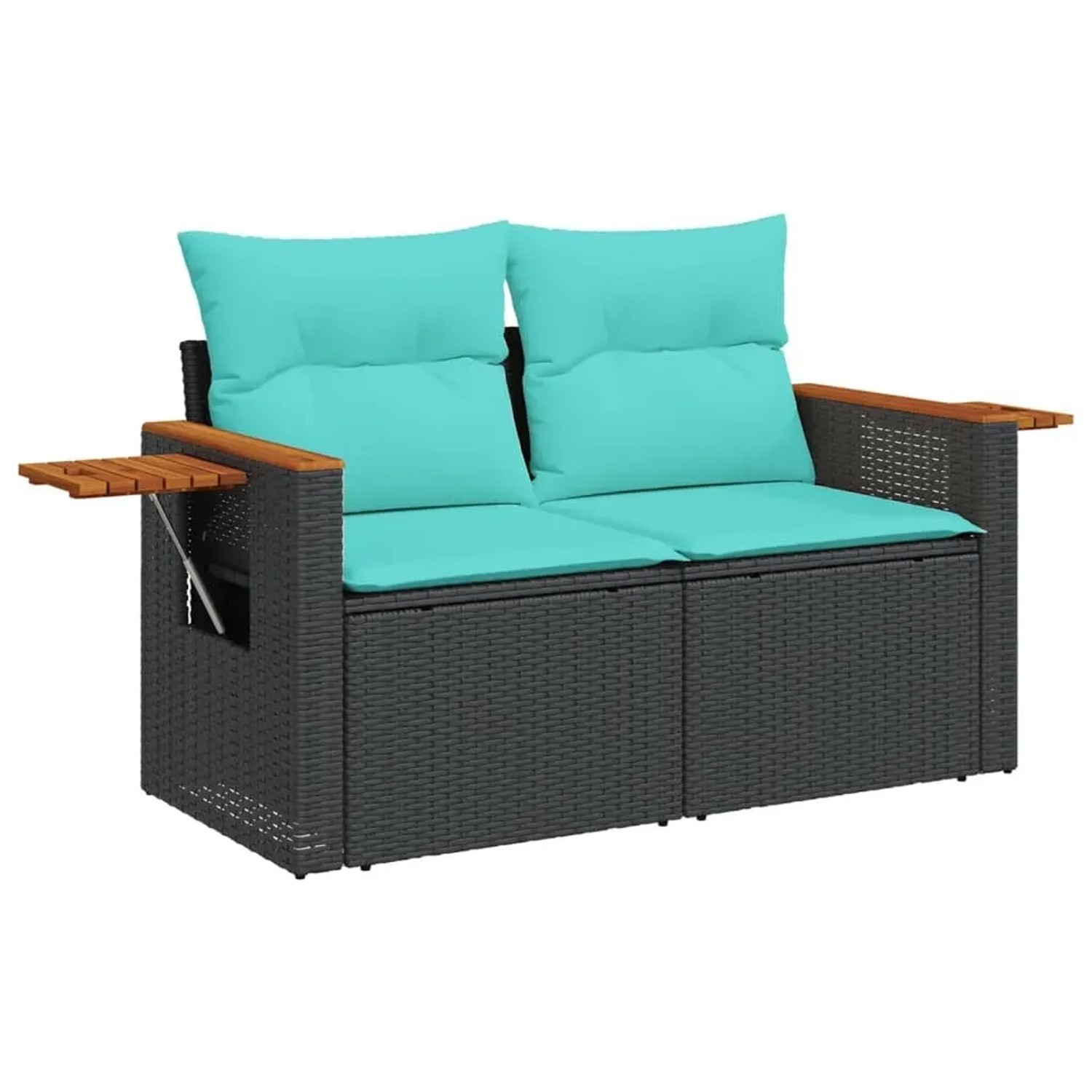 Schwarze 5-tlg. Garten-Sofagarnitur aus Rattan mit türkisen Kissen und Holzablagen.