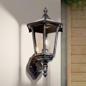 Klassische Orion Wandleuchte Schwarz-Silber für den Außenbereich. Dekorative Laternenform mit E27 Fassung.