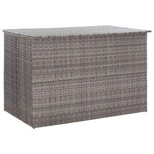 Graue VidaXL Gartenbox aus Poly Rattan, 150x100x100 cm, ideal zur Aufbewahrung im Garten.