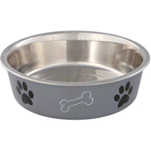Grauer Jollypaw Edelstahlnapf (0,8 l) mit Pfoten und Knochen Muster.