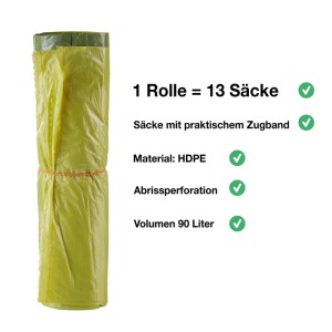 BigDean 10 Rollen Gelber Sack Gelbe Säcke 90 Liter HDPE Gelb 13 Stück Pro Rolle Insgesamt 130 Stück Ideal Für Mülltonnen Mülleimer Und Körbe