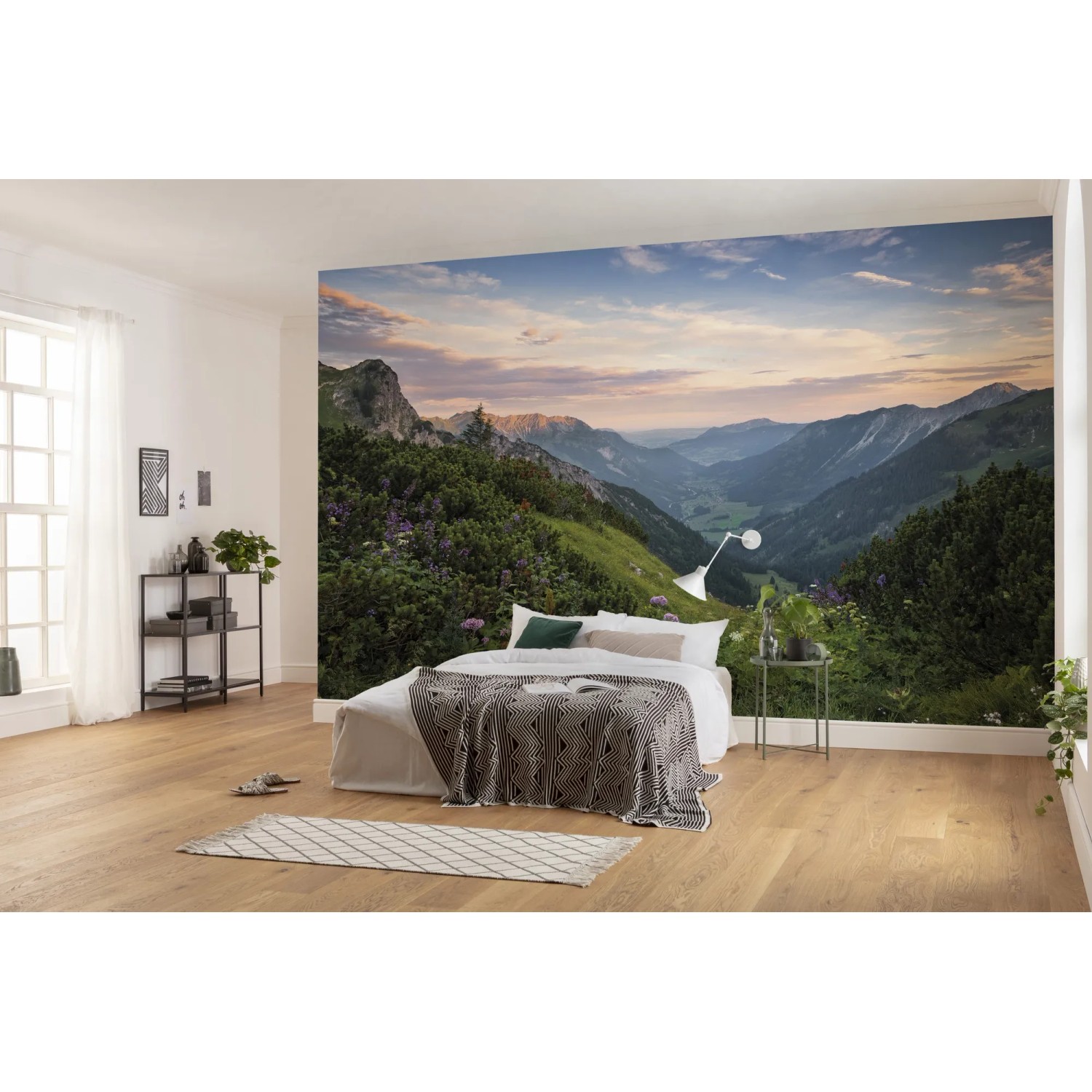 Vlies Fototapete Naturpark Allgäuer Hochalpen im Schlafzimmer, Berglandschaft bei Sonnenaufgang.
