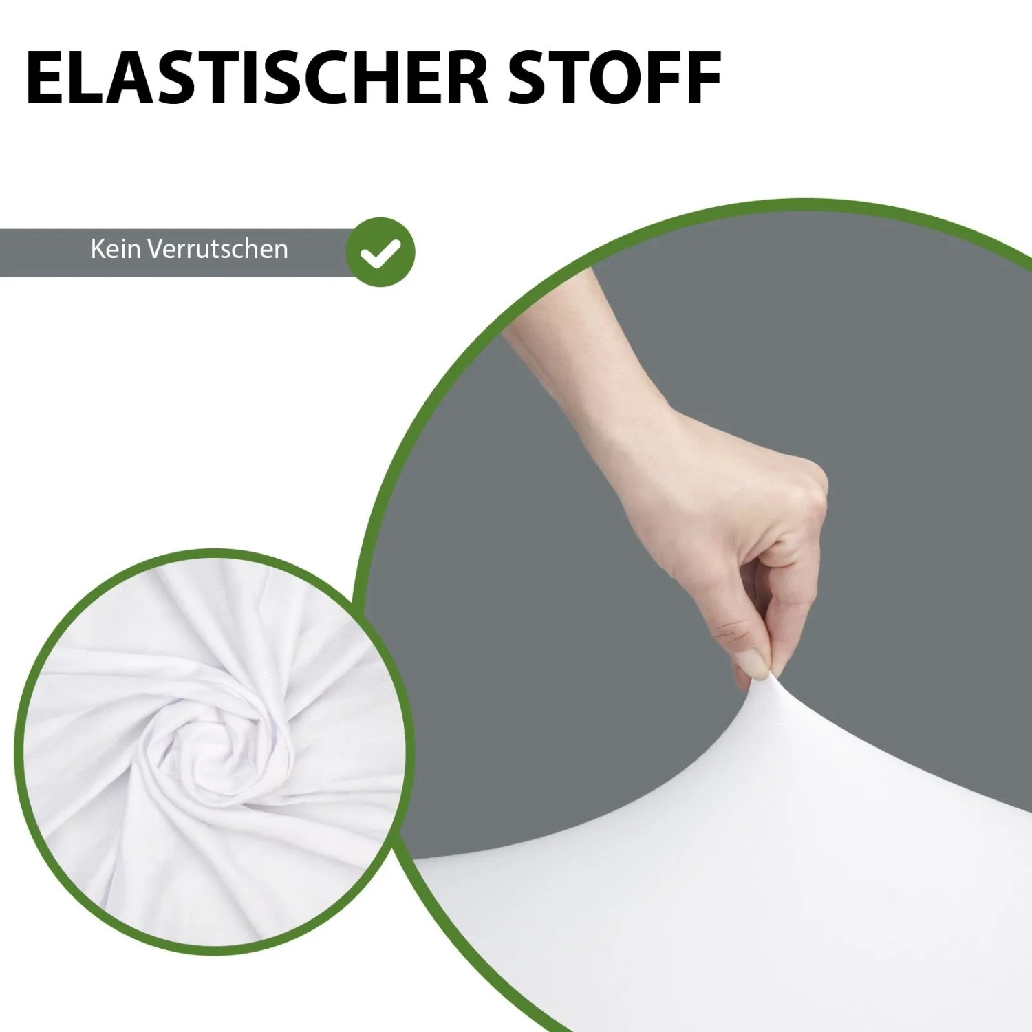 Detailaufnahme: Weiße TRUTZHOLM Stehtischhusse aus elastischem Stoff, passend für 70cm Stehtische.