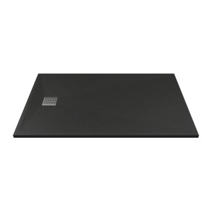 Rechteckige, schwarze Vente-unique Mirnosa Duschwanne 160 cm, extraflach, mit quadratischem Metall-Ablaufrost.