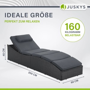 Schwarze Juskys Sonnenliege Lamia, faltbar mit grauer Auflage und verstellbarem Kopfteil.