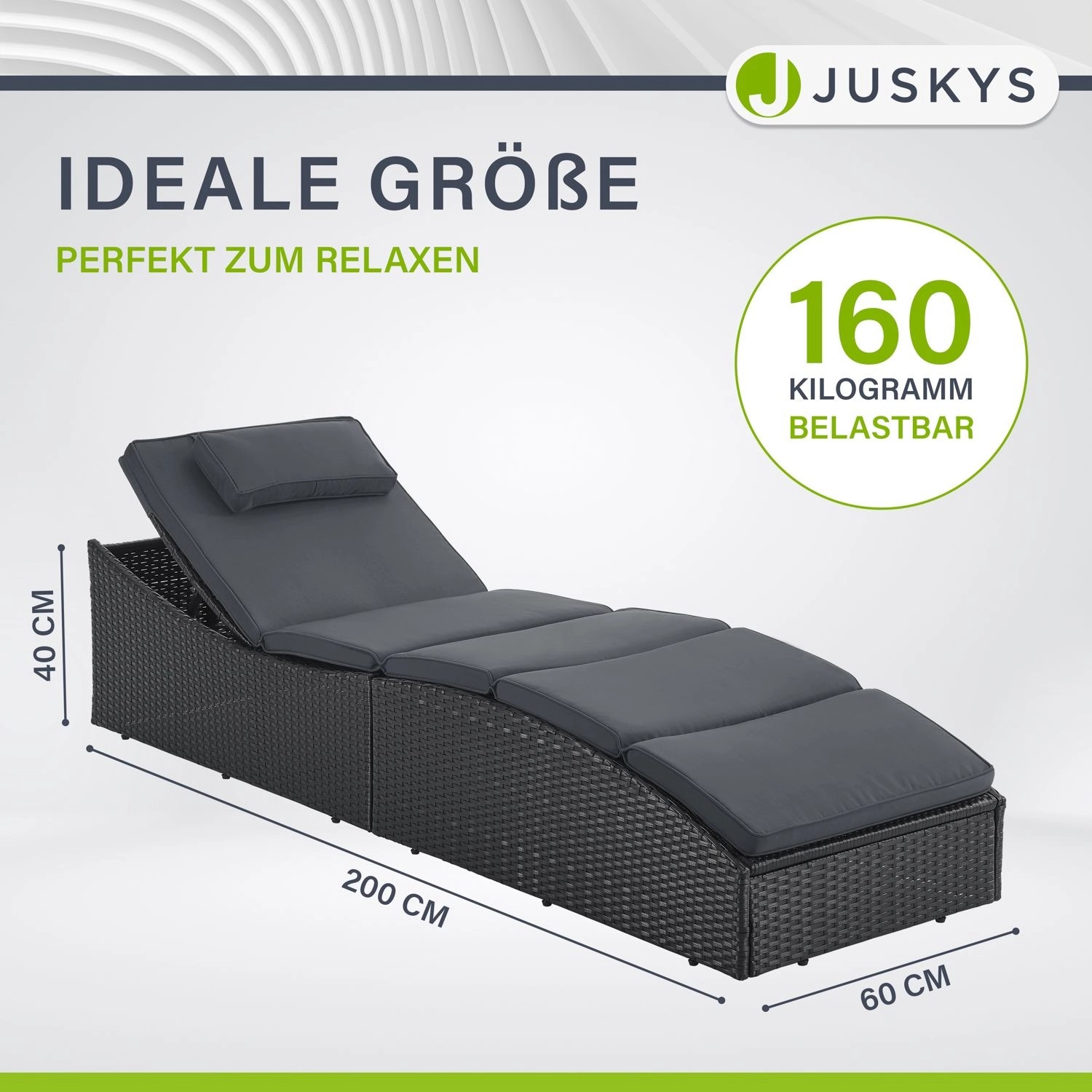 Schwarze Juskys Sonnenliege Lamia, faltbar mit grauer Auflage und verstellbarem Kopfteil.