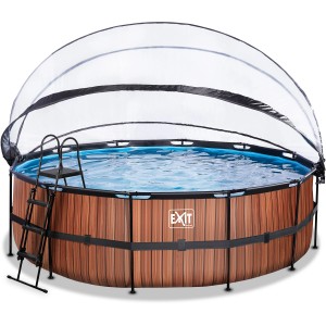 EXIT Wood Pool Ø450cm mit Abdeckung, Leiter und Sandfilterpumpe. Stahlrahmenpool im Holzdesign.