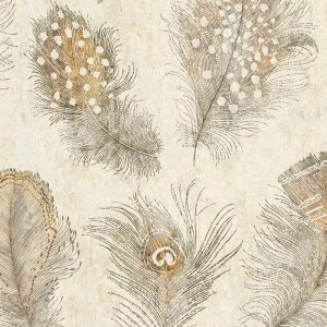Dekorative Tapete mit Federn in Creme, Gold, Grau und Beige. Vliestapete mit leicht strukturierter Oberfläche.