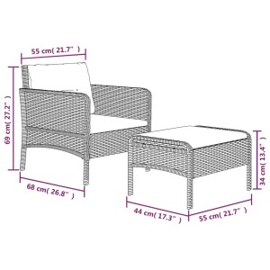 Graues 2-tlg. Garten Lounge Set aus Polyrattan mit Stuhl, Hocker und Kissen.