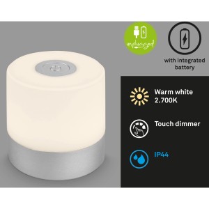 Brilo Akku-Tischleuchte Smal, chrom-matt, 2W. Kleine, dimmbare LED-Dekoleuchte für den Innen- und Außenbereich.