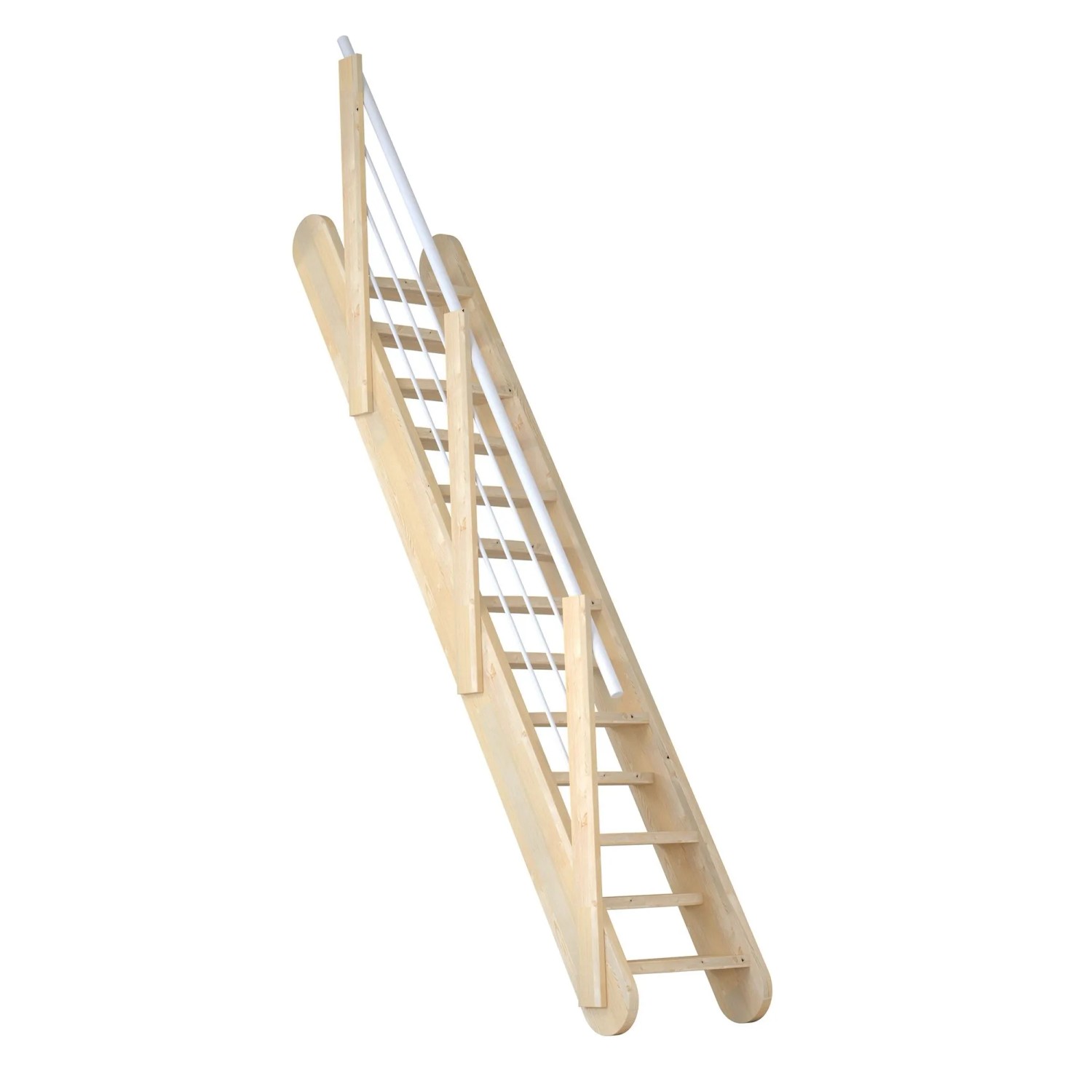 Helle Fichte Holztreppe mit weißem Edelstahlgeländer für den Innenbereich.