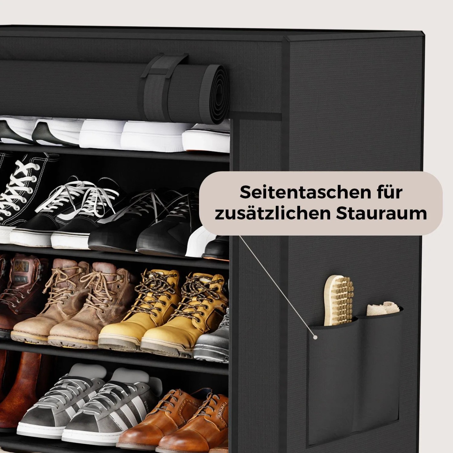 Schwarzer Stoffschrank Schuhschrank mit Seitentaschen für extra Stauraum. Vliesstoff Schuhregal, platzsparend.