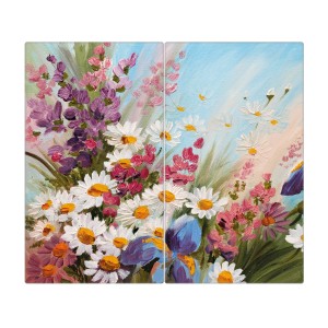 Banjado 2-teilige Herdabdeckplatte aus Glas mit Blumenmotiv, 30x52 cm, auch als Schneidebrett nutzbar.