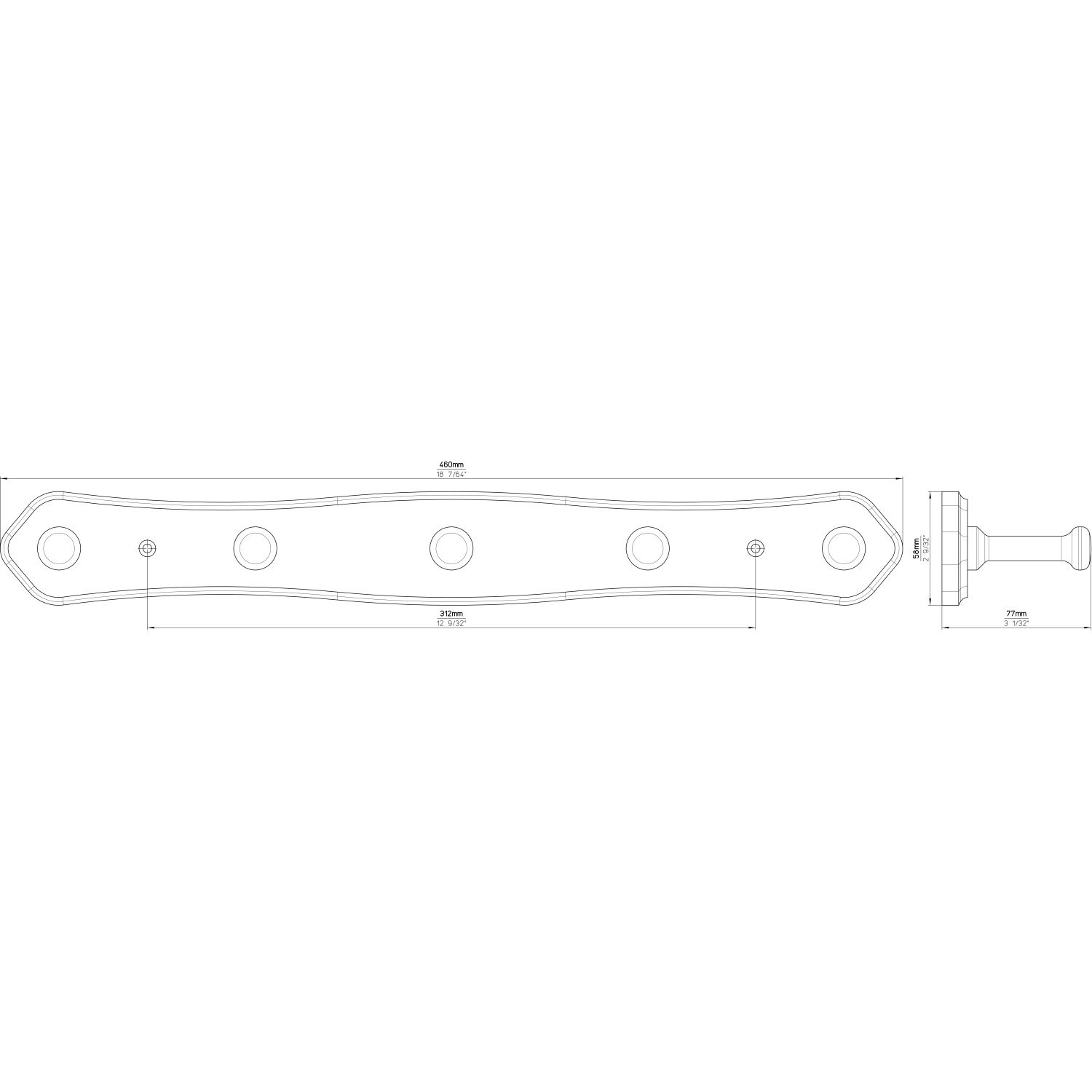 Technische Zeichnung: Siro Hakenleiste S126 Kiefer, 460mm, 5 Haken, Maße und Details.