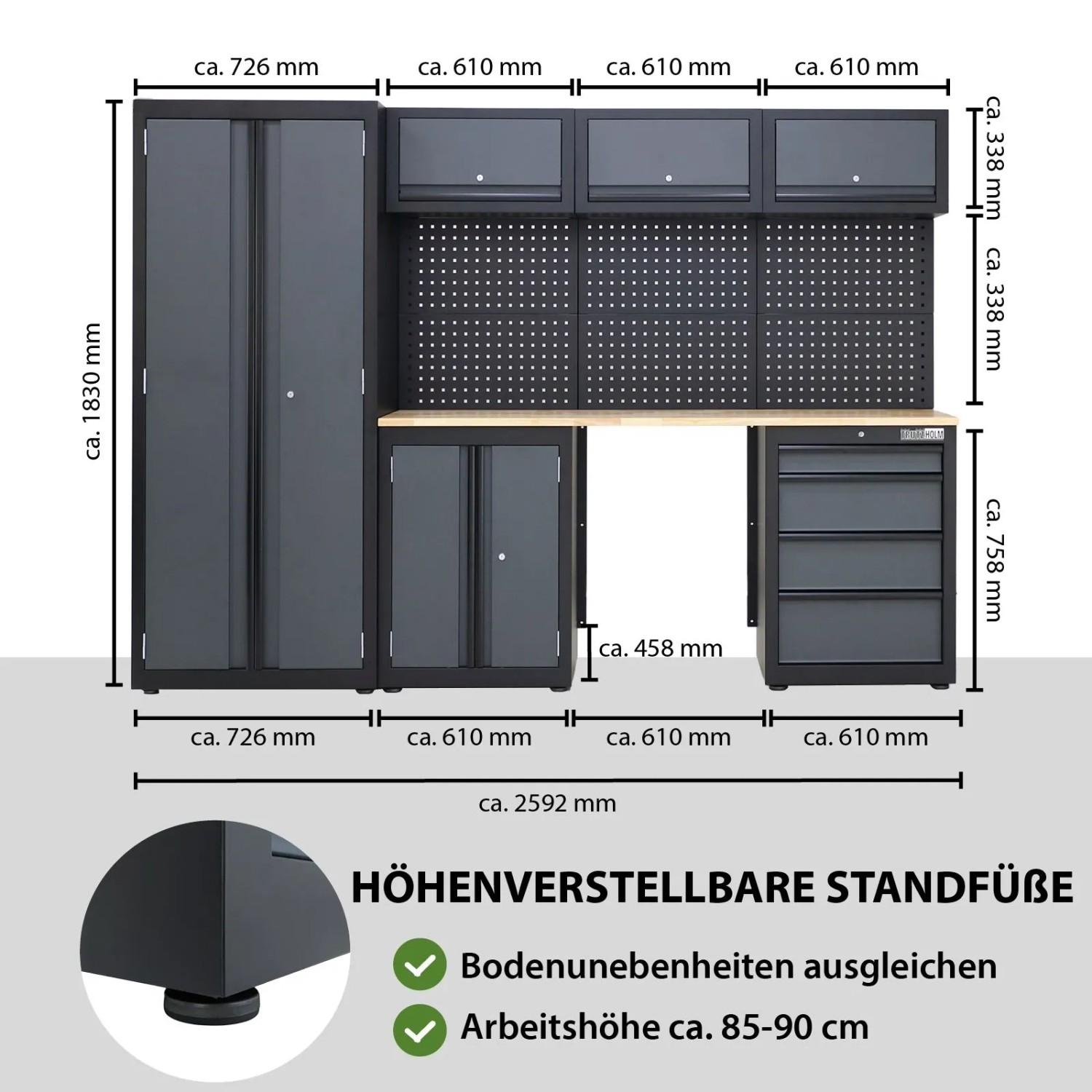 TRUTZHOLM Werkstattwand, 13-teilig, anthrazit, mit Werkzeugschränken, Lochwand und Holzarbeitsplatte.
