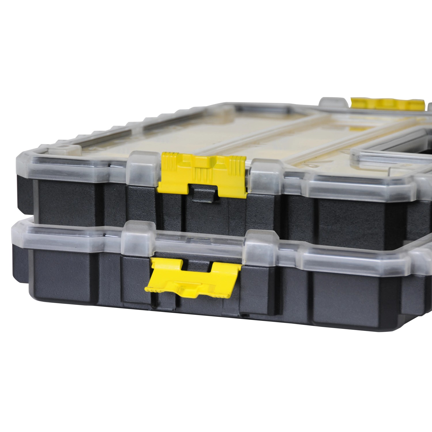Stanley FatMax Profi-Organizer, zwei stapelbare Boxen mit transparentem Deckel und gelben Verschlüssen.