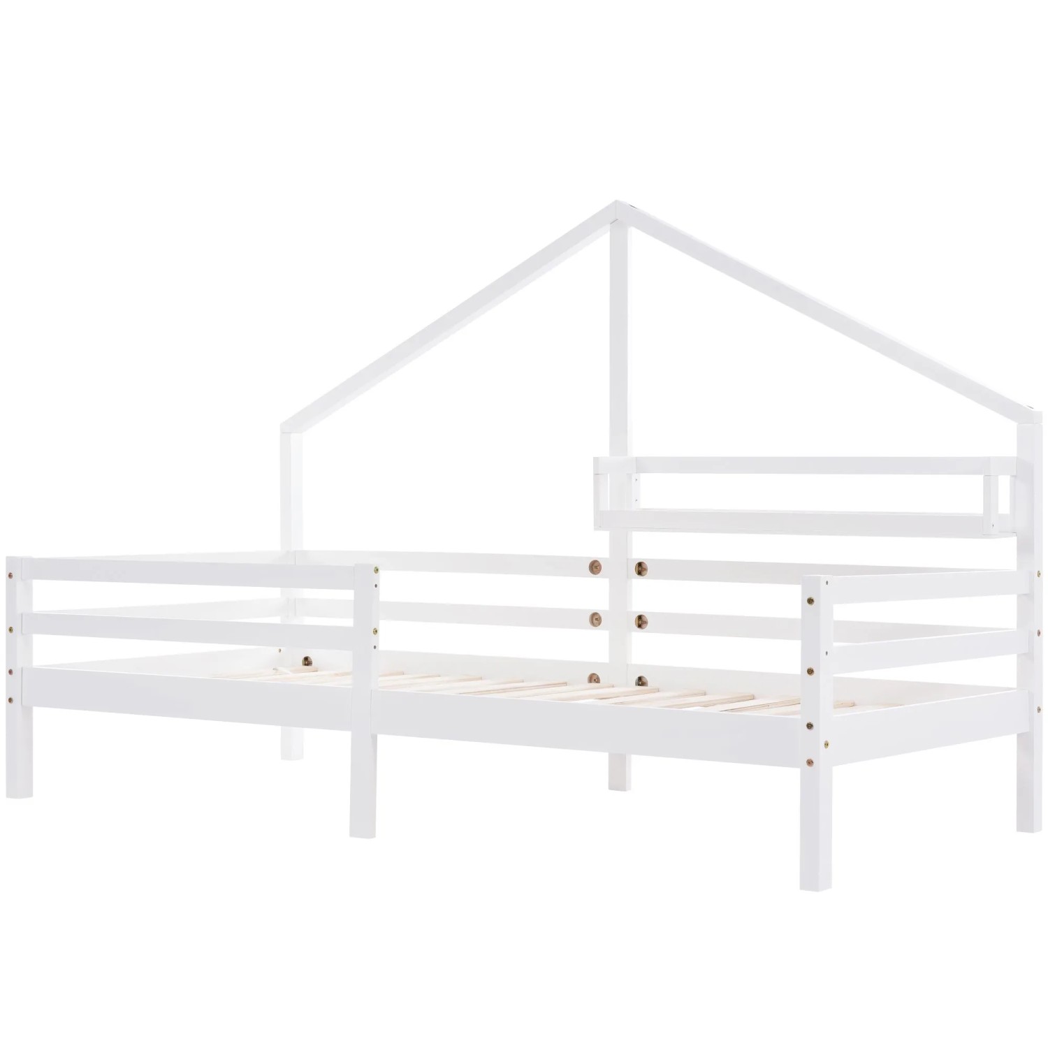 KOMHTOM Hausbett Kinderbett 90x200Cm Mit Ablageregal Kaminfürm Weiß Ohne Matratze