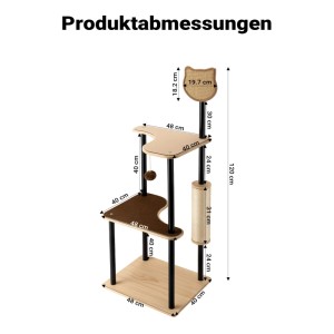 Fudajo Kratzbaum Metall 48x40x120cm mit Sisal, Holzstufen, schwarzem Gestell und Spielball. Modernes Katzenmöbel.