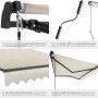 Beige Tectake Gelenkarmmarkise Ornella: Nahaufnahmen von Handkurbel, wasserabweisendem Polyesterstoff und stabilen Gelenkarmen.