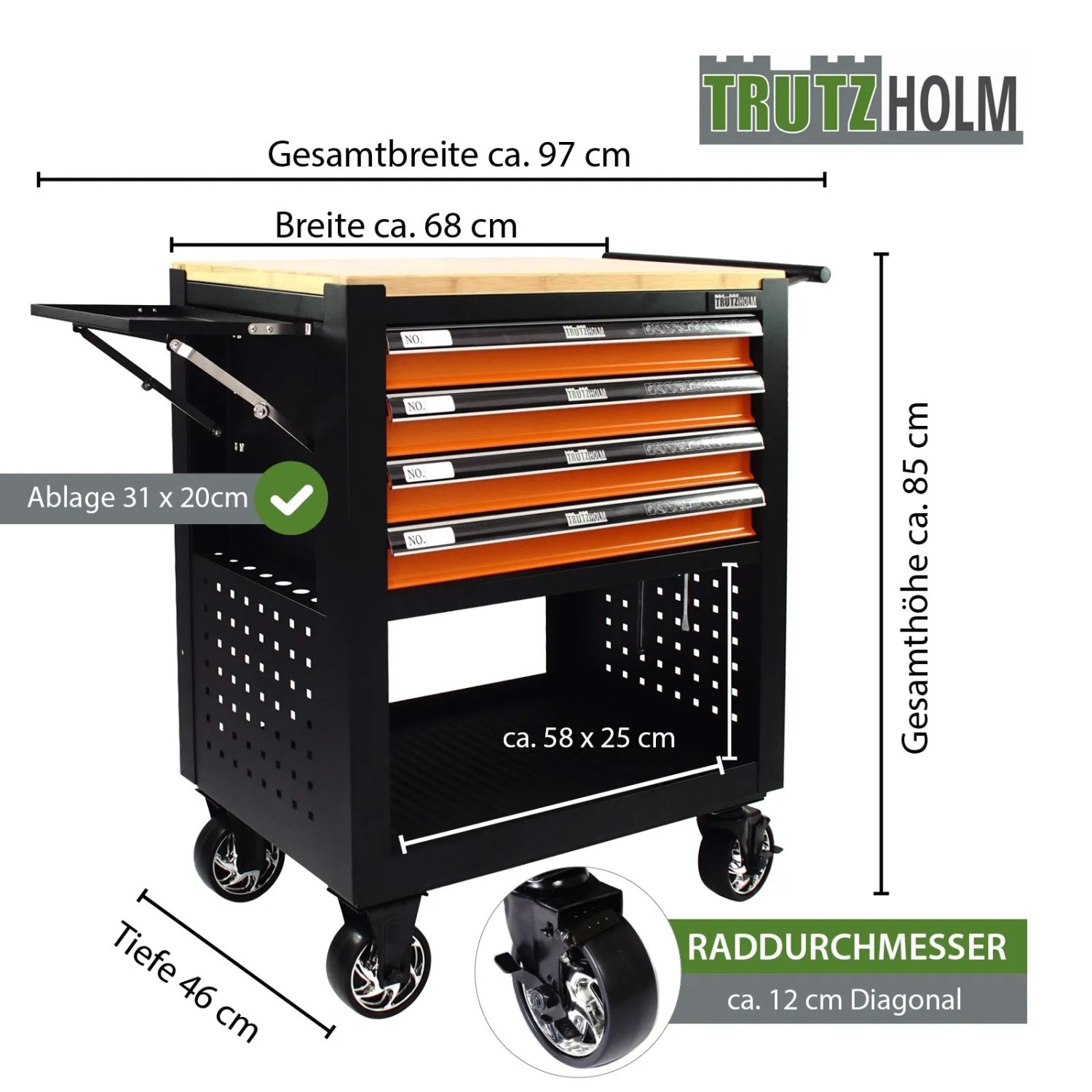 TRUTZHOLM Werkstattwagen mit 4 Schubladen, Hartholzplatte, orange. Werkzeugwagen für Werkstatt und Garage.