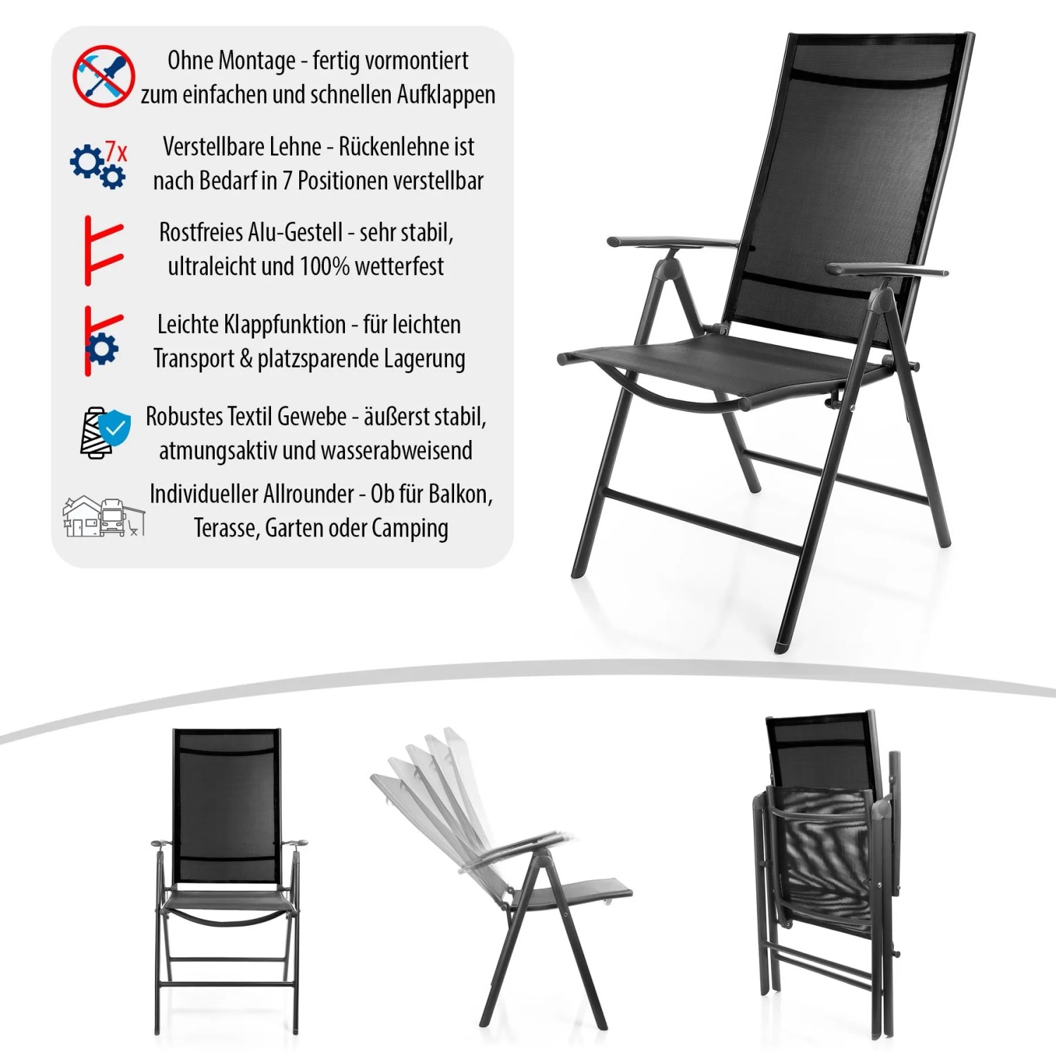 2er Set graue BigDean Gartenstühle, klappbar und mit verstellbarer Rückenlehne.
