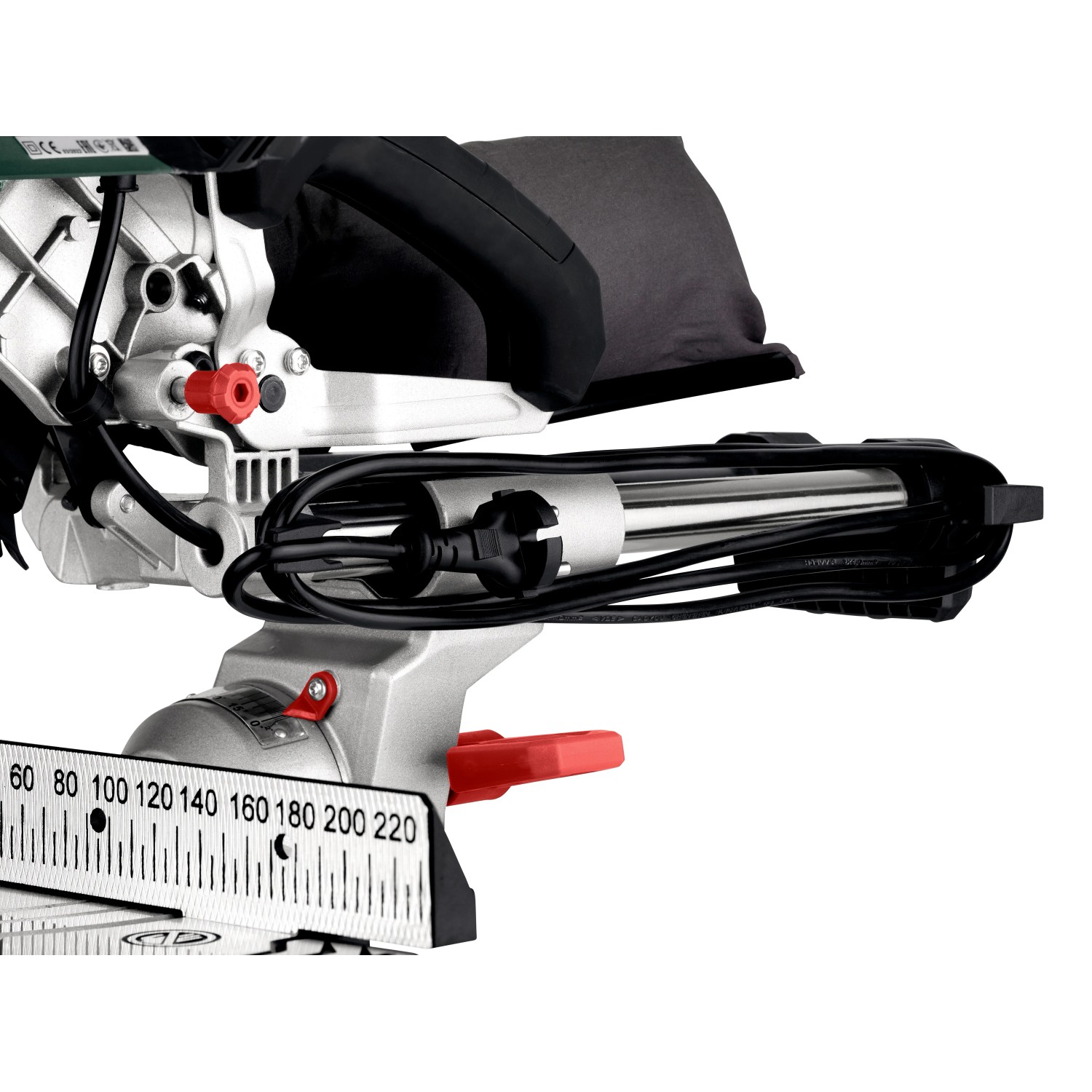 Detailansicht der Metabo KGS 254 M Kapp- und Zugsäge mit Sägeblättern.