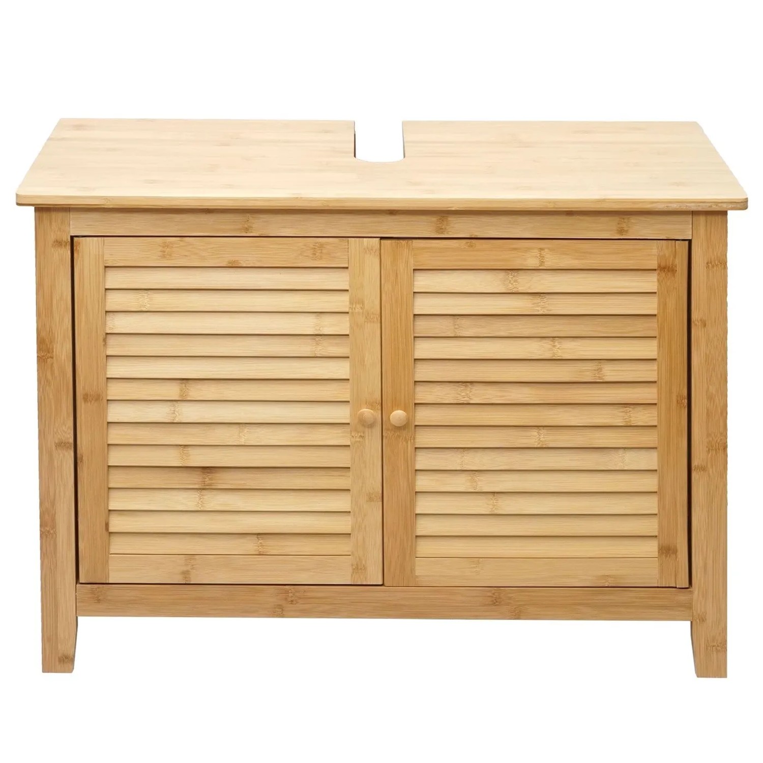 Bambus Waschbeckenunterschrank mit Lamellentüren und Siphon-Aussparung. Heller Badschrank für Stauraum im Badezimmer.