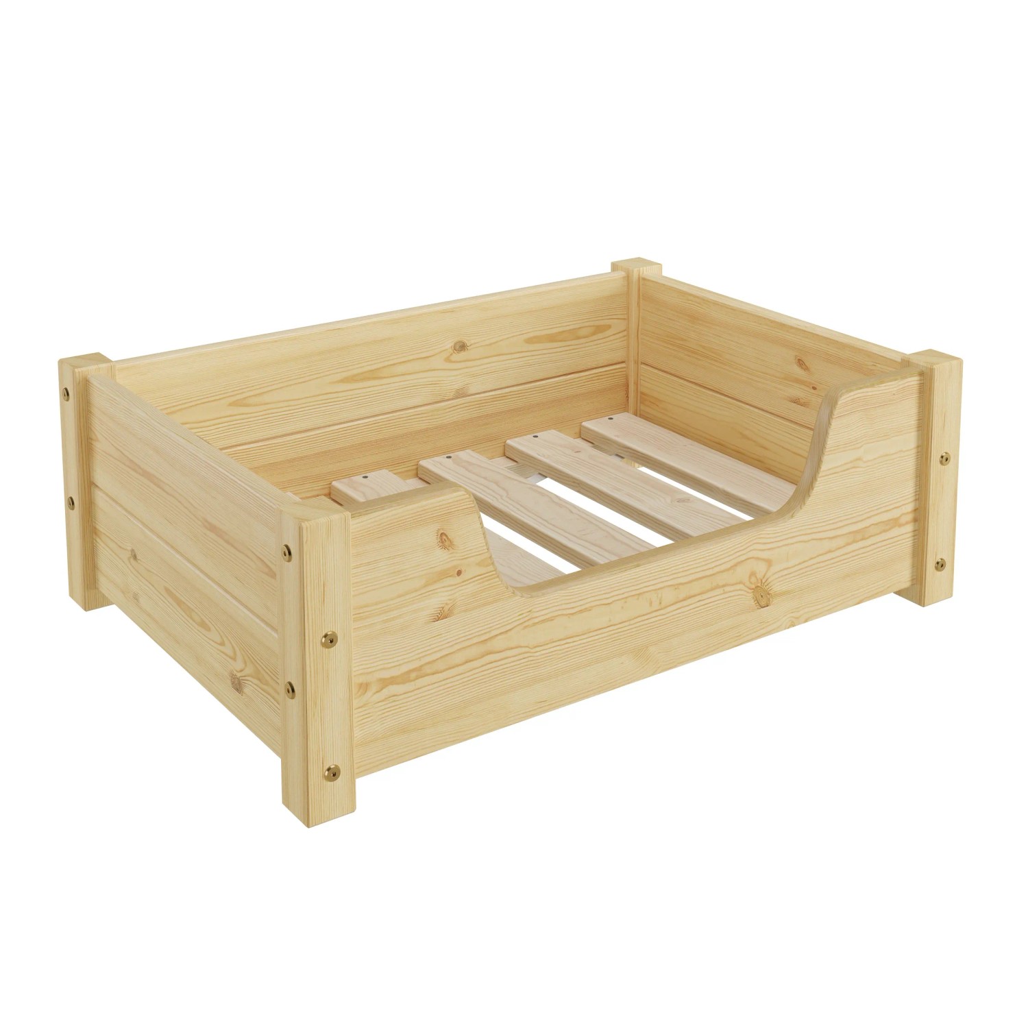 Gemütliches Tierbett aus Kiefernholz, naturfarben, mit Rollrost für Hunde und Katzen (60x40 cm).