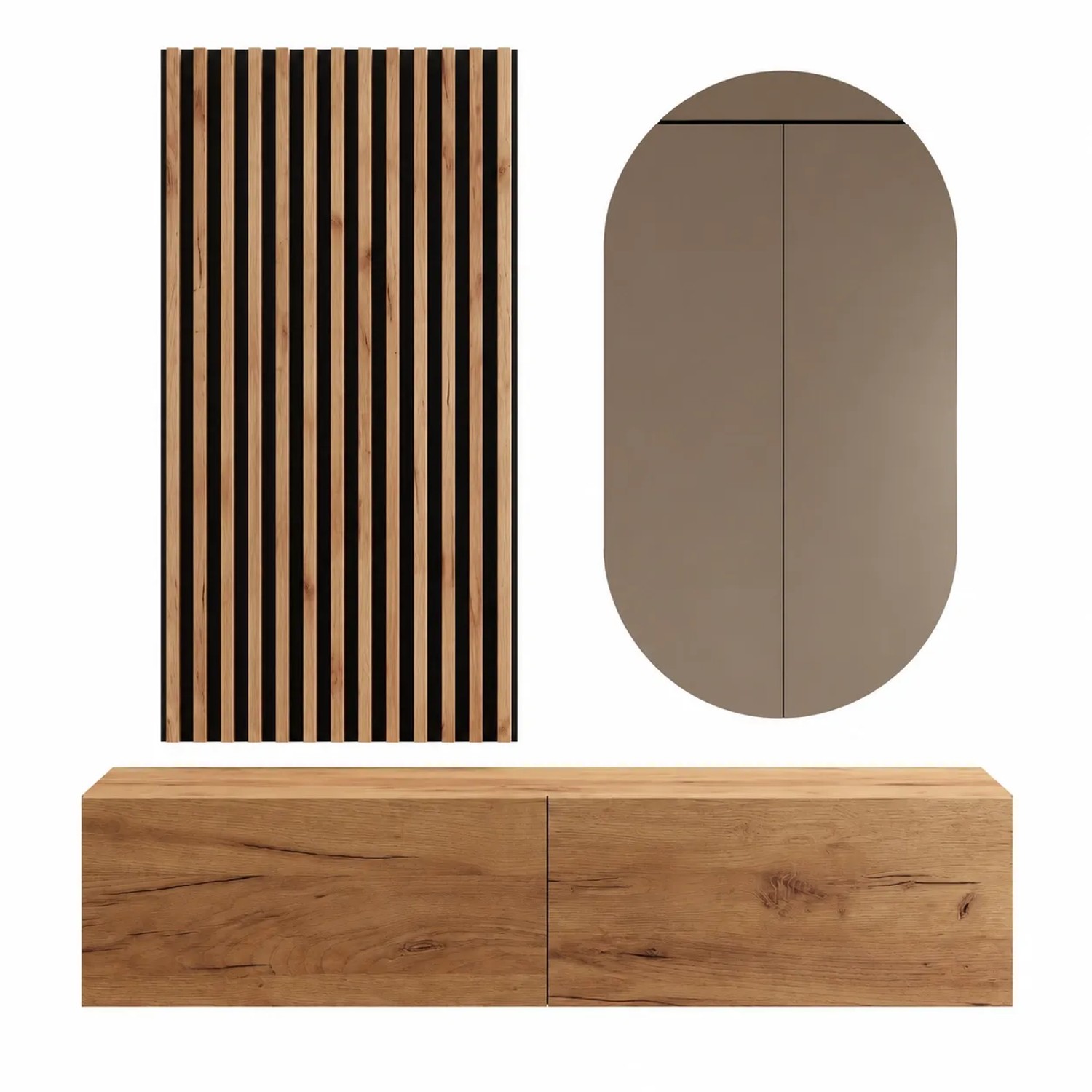Planetmöbel Flurgarderobe Set 140 cm Gold Eiche mit Wandpaneel und Spiegel ohne LED Beleuchtung