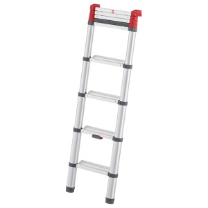 Hailo Alu-Teleskopleiter T100 FlexLine, zusammengeschoben. Aluminium Leiter mit roten Akzenten.