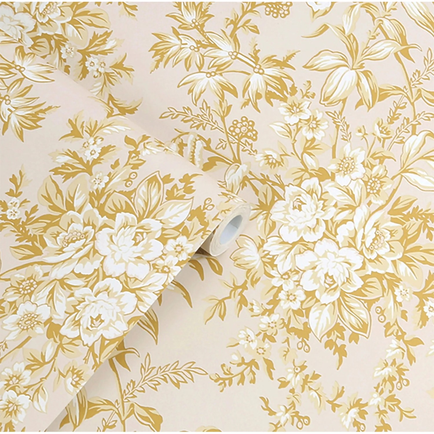 Laura Ashley Vliestapete Picardie Pale Gold mit floralem Muster.