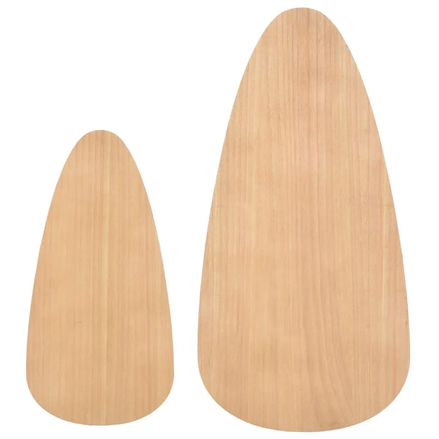 Zwei holzfarbene, tropfenförmige MDF-Tischplatten für ein vidaXL Couchtisch-Set. Modernes Design für Wohnzimmer.