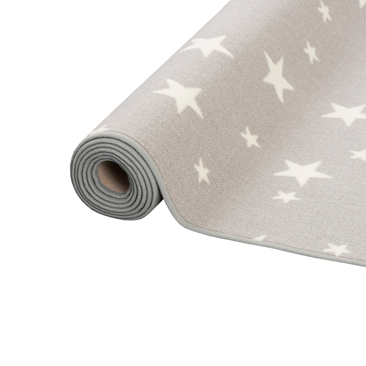 Gerollter, grauer Kinderteppich mit weißen Sternen, 160x200 cm.