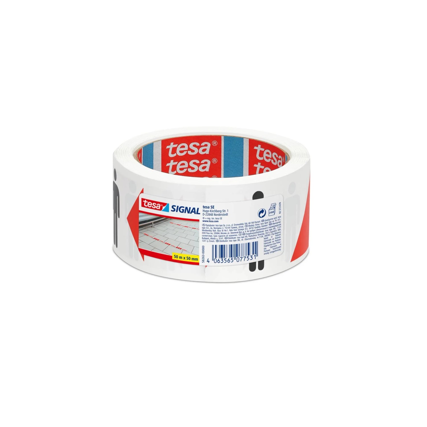 Tesa Distanzklebeband, rot-weiß, 50mm breit, zur Markierung von Sicherheitsabständen.