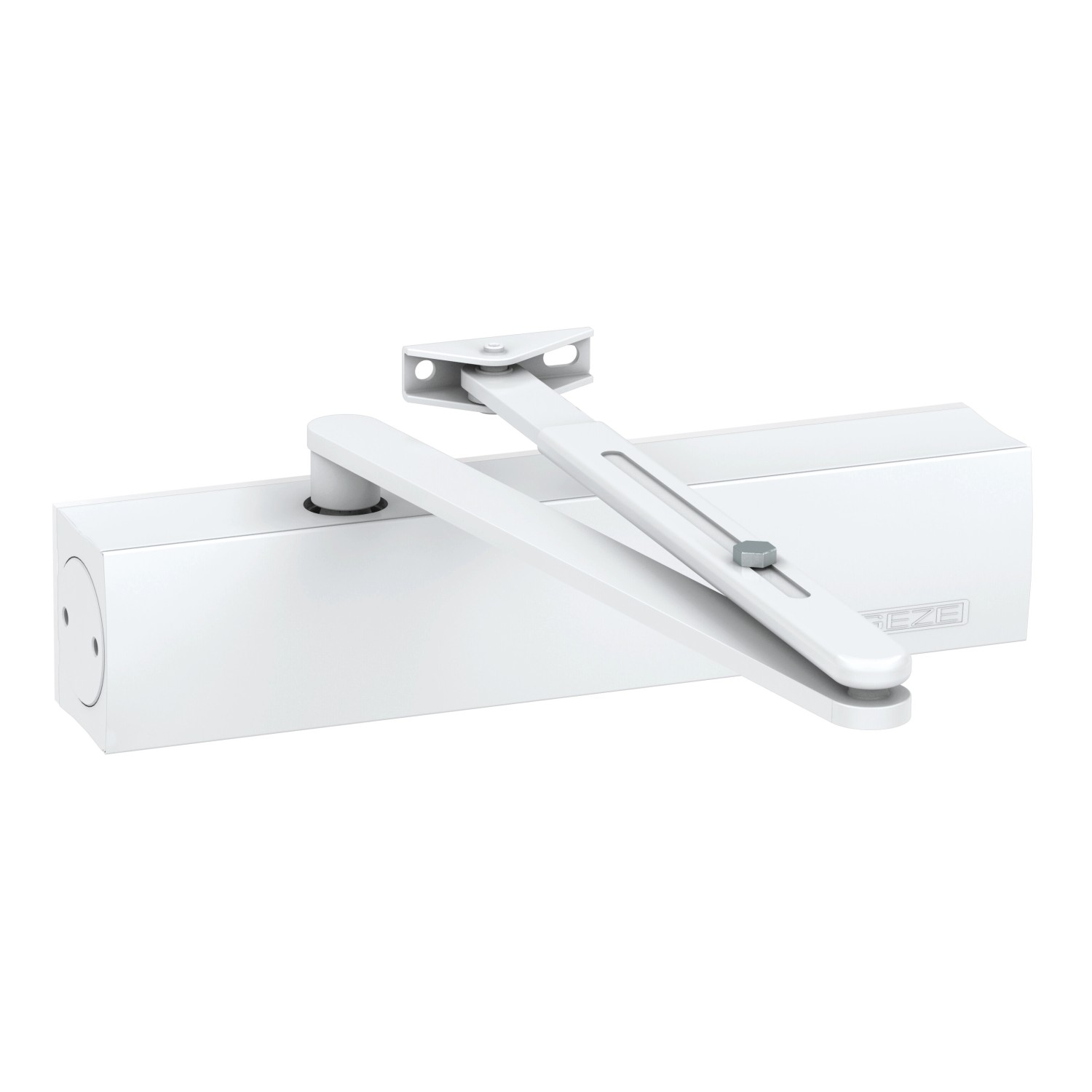 Weißer Geze Türschließer TS 3000V mit Gleitschiene für Anschlagtüren.