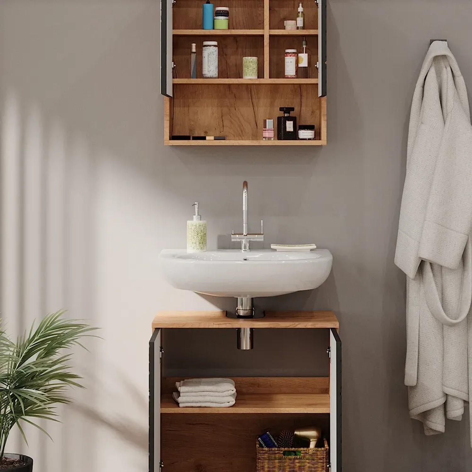 Vicco Badmöbel-Set Irma, 2-teilig, Eiche/Anthrazit: Unterschrank (60cm) und Spiegelschrank.