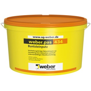 Gelber Eimer weber.pas 434 Buntsteinputz 25 kg für dekorative Wandbeschichtung.