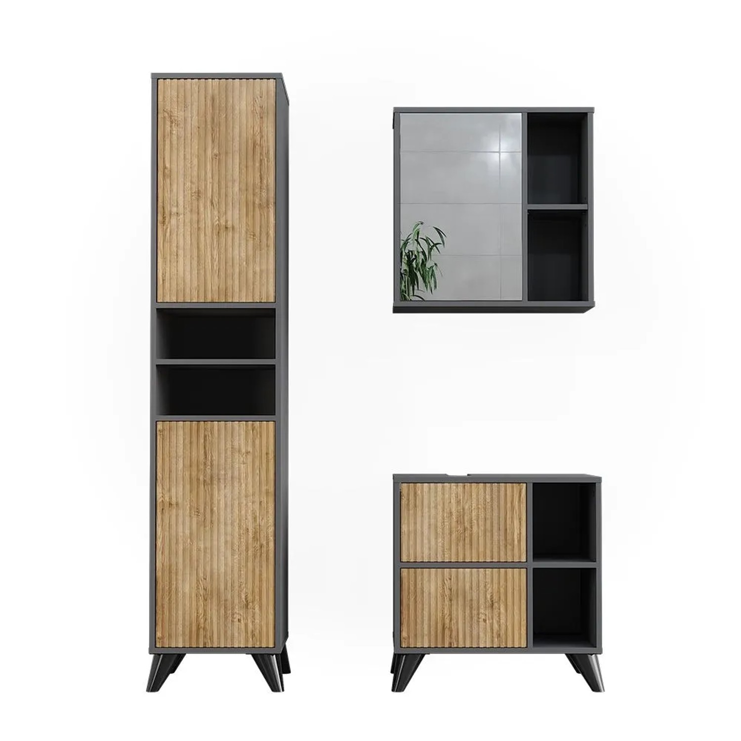 Vicco Badmöbel-Set Leano Anthrazit/Goldkraft Eiche 60 x 62 3-teilig