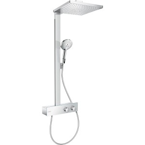 Hansgrohe Raindance E Showerpipe 300 mit Kopf- und Handbrause, Thermostat in Chrom.