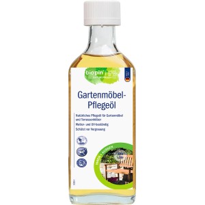 Biopin Gartenmöbel-Pflegeöl, farblos, 250ml Flasche für Holzpflege im Außenbereich.