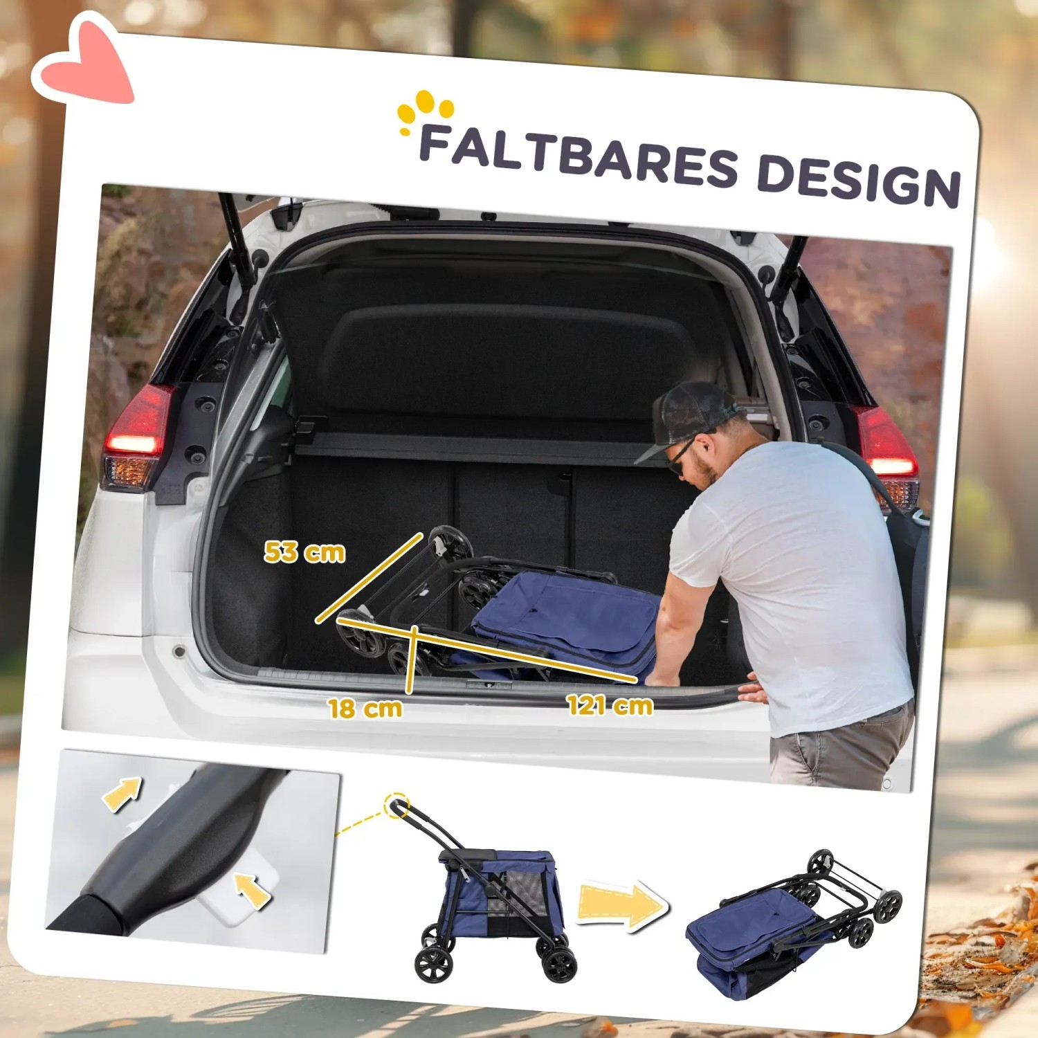 PawHut Hundewagen, zusammengeklappt im Kofferraum, mit Maßangaben und Faltmechanismus dargestellt.