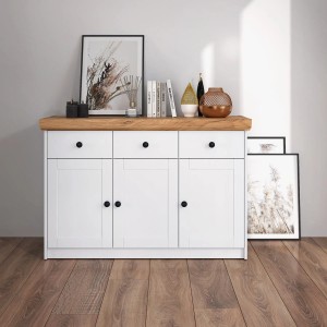 Weißes Homestyle4u Landhaus Sideboard (122 cm) mit Schubladen und Fächern.